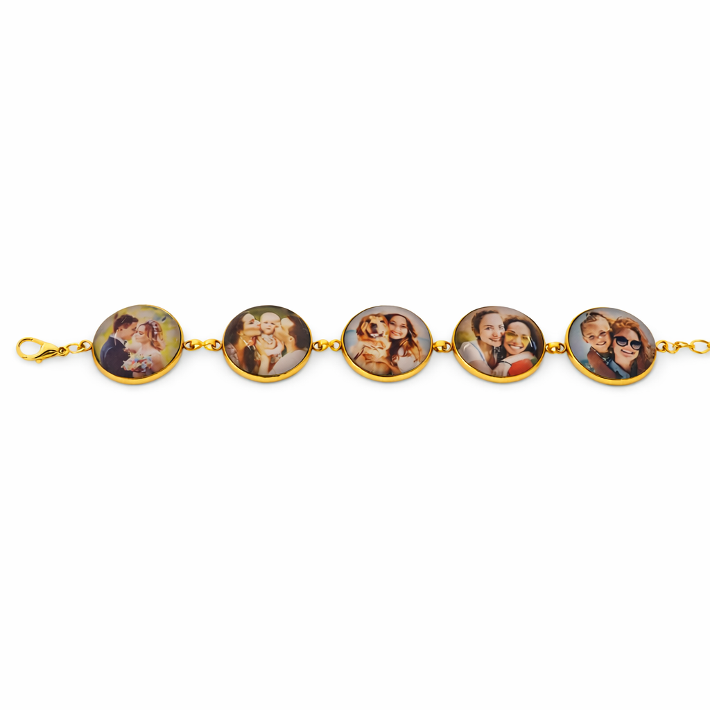 Bracelet with round charms featuring small images on a white background