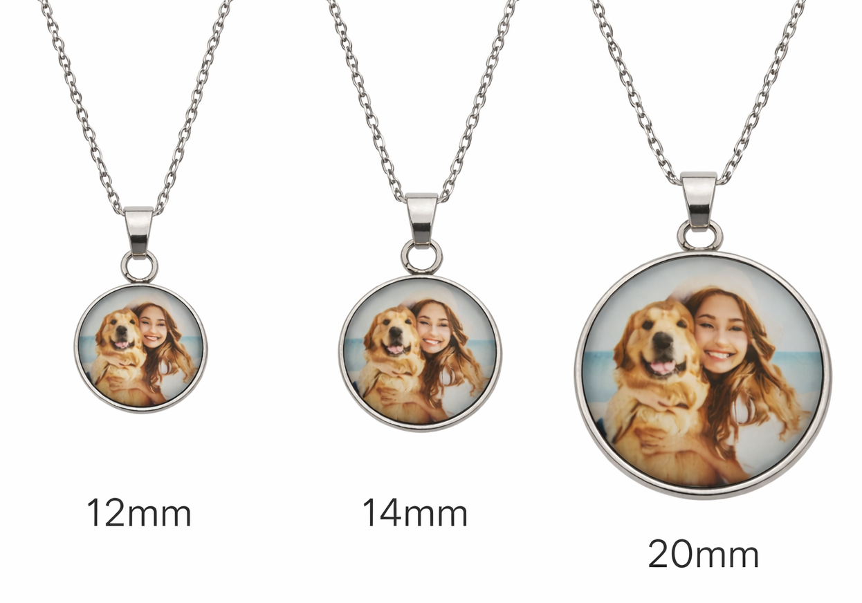 Three necklaces with circular pendants showing a woman and a dog, labeled for size.