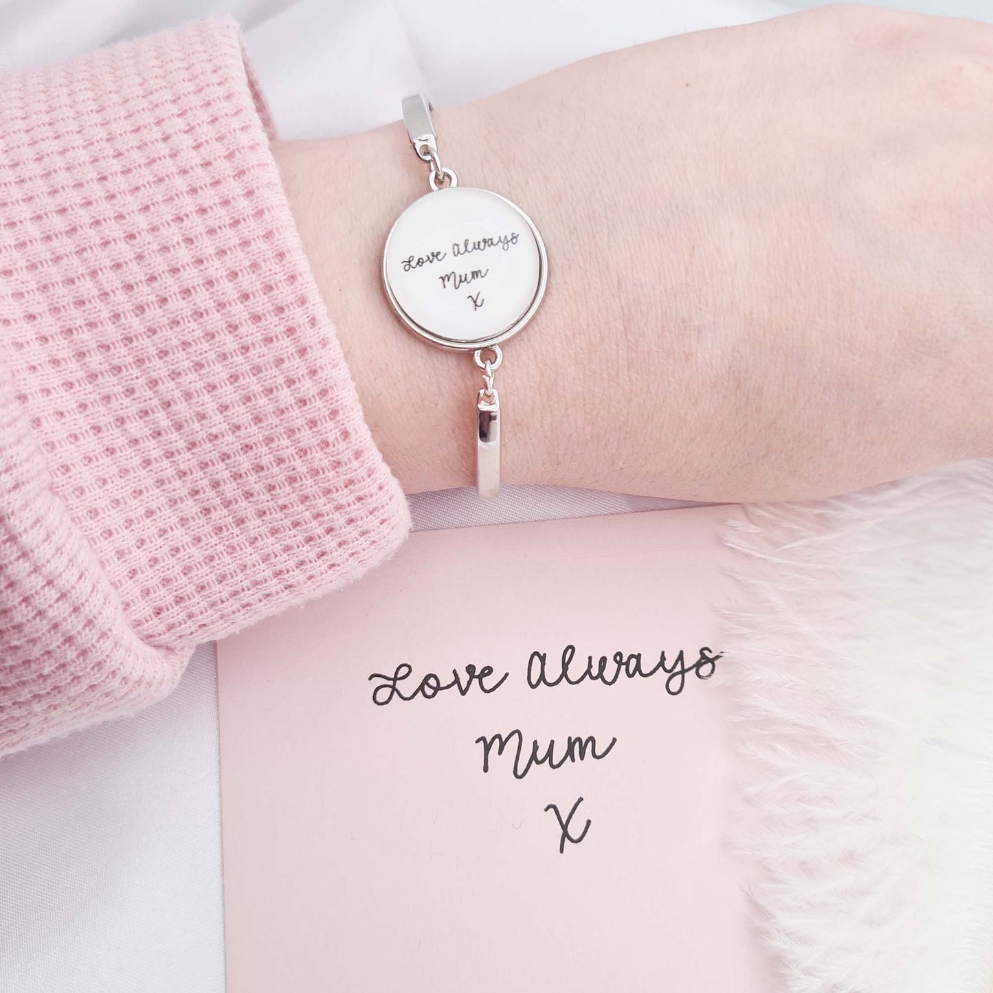 Personalised handwriting bracelet with card on wrist