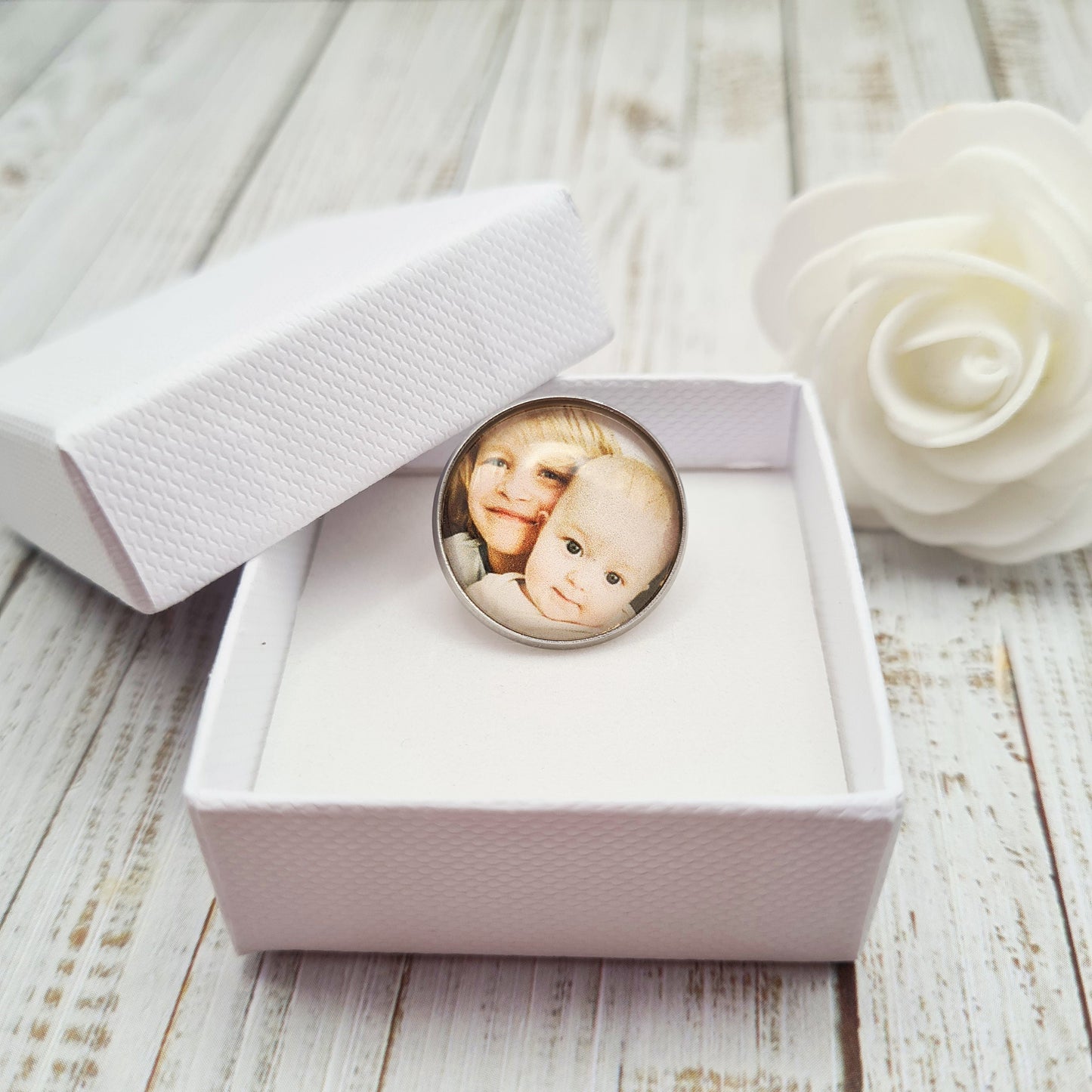 Lapel pin in box with personalised photo
