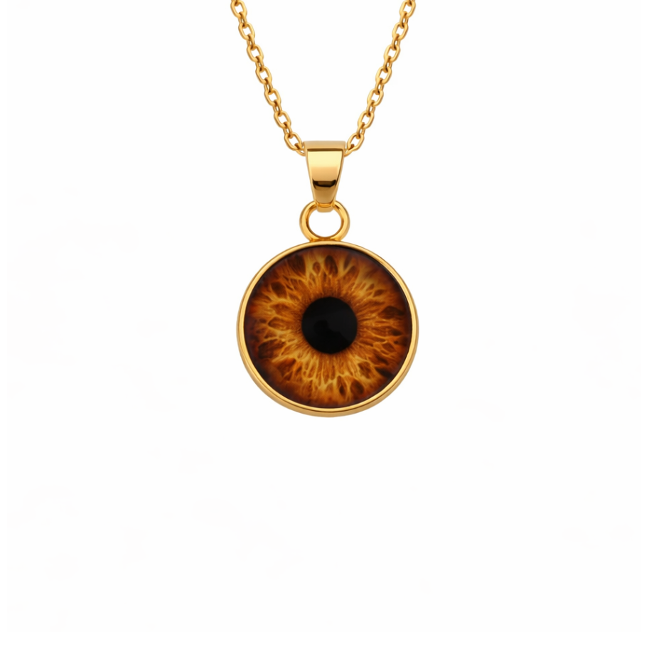 Gold necklace with an eye-shaped pendant on a white background