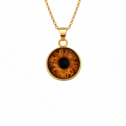 Gold necklace with an eye-shaped pendant on a white background