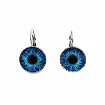 Pair of blue eye-shaped earrings on a white background