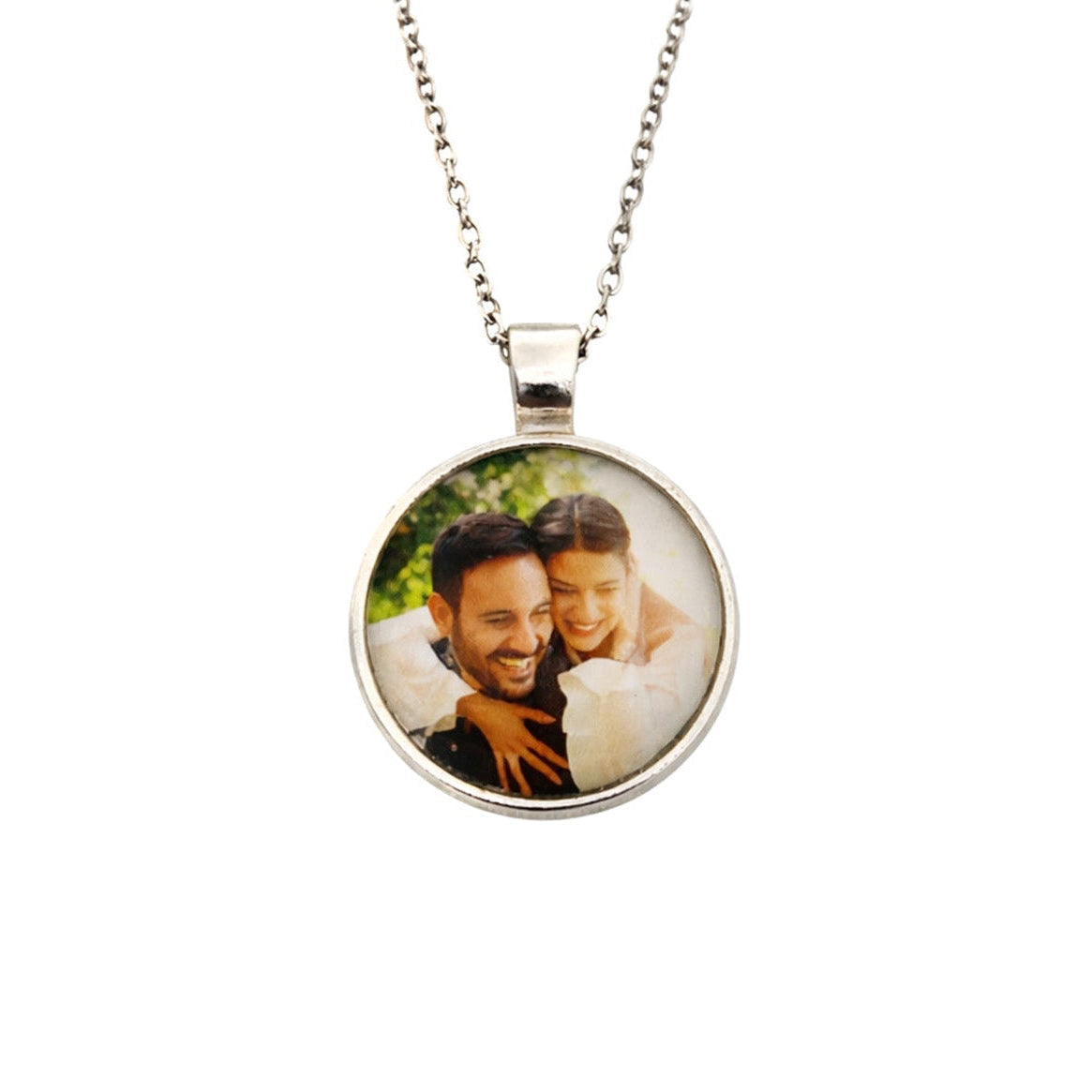 Round photo pendant necklace on a white background