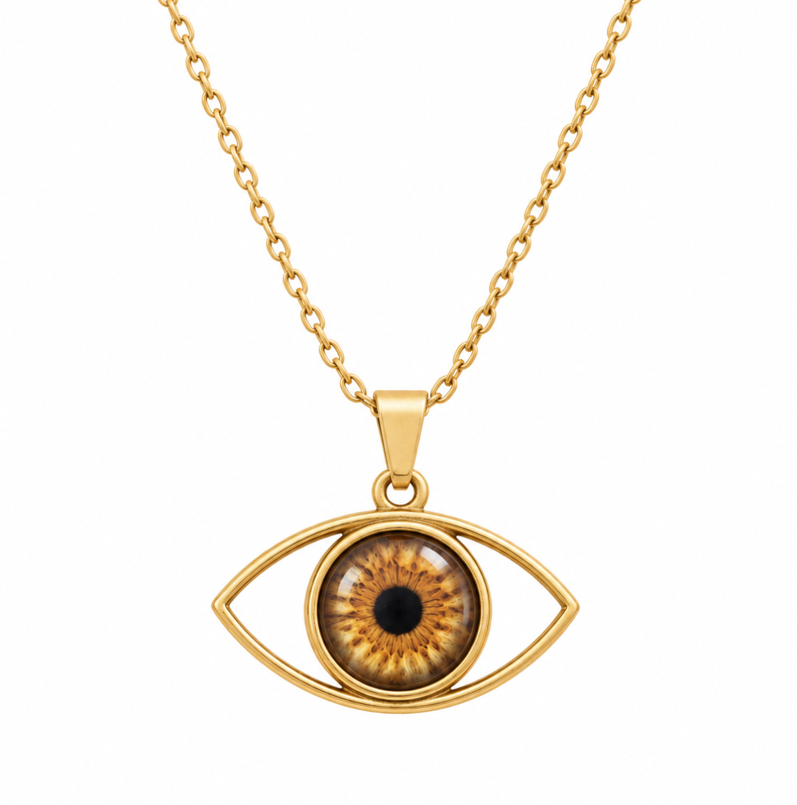 Gold eye-shaped pendant necklace featuring a realistic brown iris with a black pupil, suspended from a gold chain on a plain white background.