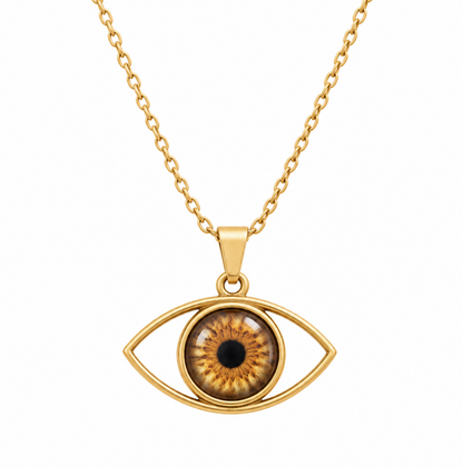 Gold eye-shaped pendant necklace featuring a realistic brown iris with a black pupil, suspended from a gold chain on a plain white background.
