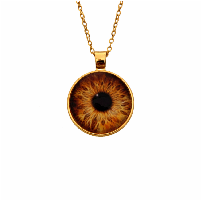 Necklace with a round pendant featuring an eye design on a white background