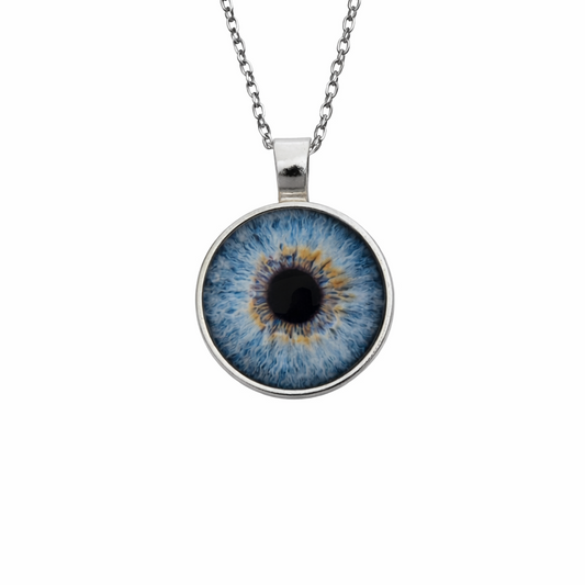 Necklace with a round pendant featuring an eye design on a white background