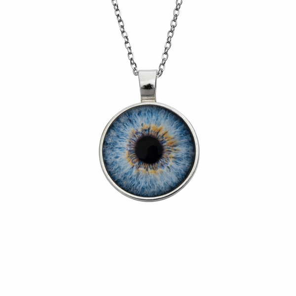 Silver pendant with a blue iris photograph