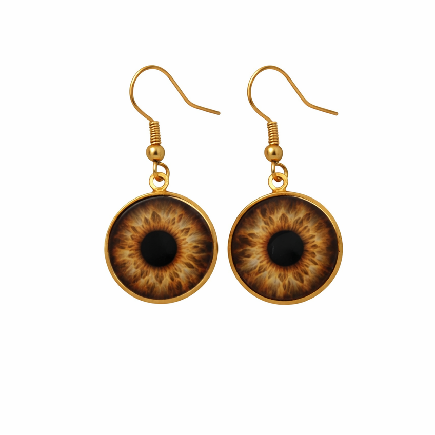 Pair of earrings with eye-shaped designs on a white background