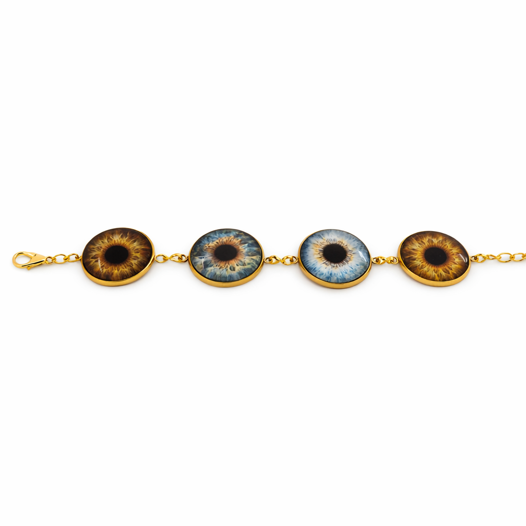 Bracelet with four eye-shaped charms on a white background