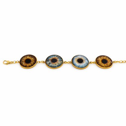 Bracelet with four eye-shaped charms on a white background
