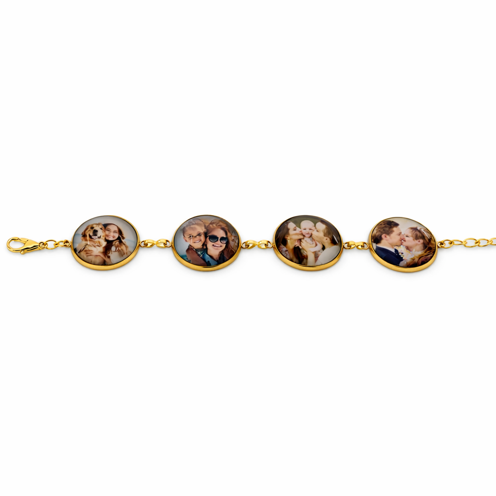 Gold bracelet with four round charms featuring images of people on a white background