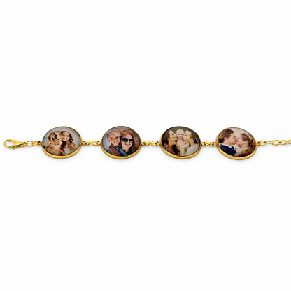 Gold bracelet with four round charms featuring images of people on a white background