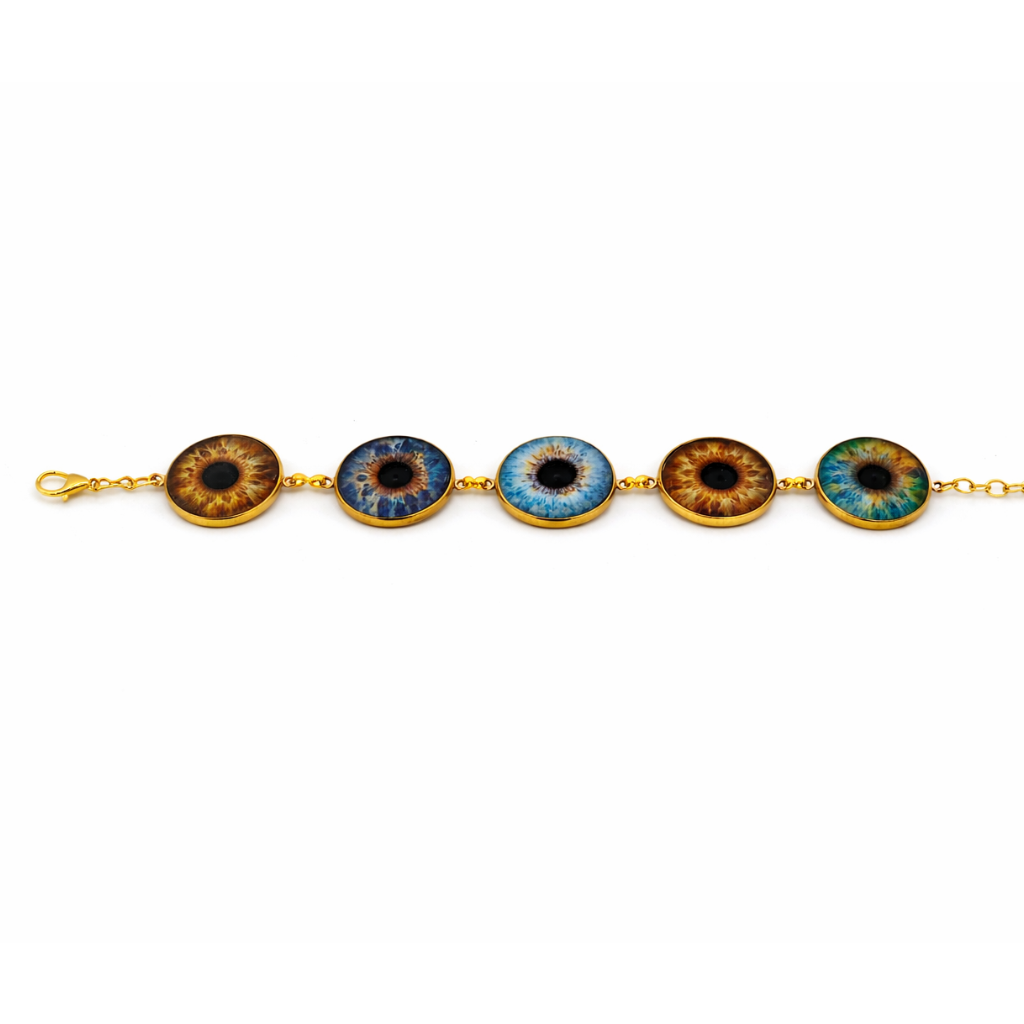 Bracelet with eye-shaped charms on a white background