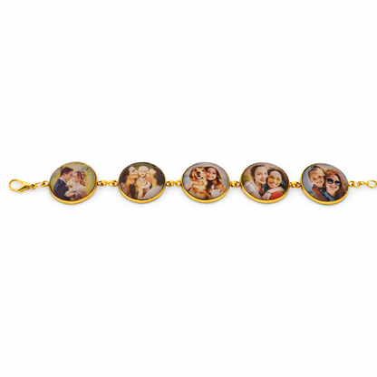 Bracelet with round charms featuring small images on a white background