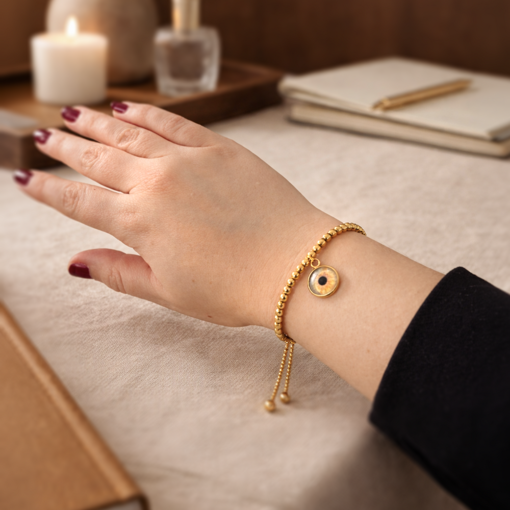 Personalised iris bracelet worn on a wrist