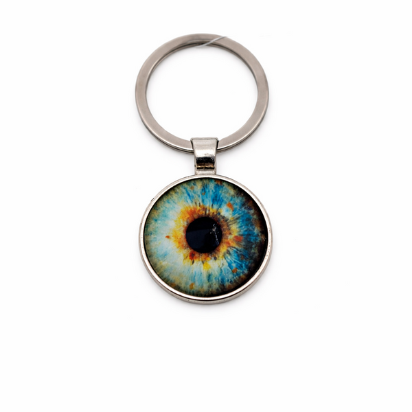 Keychain with a colorful eye design on a white background