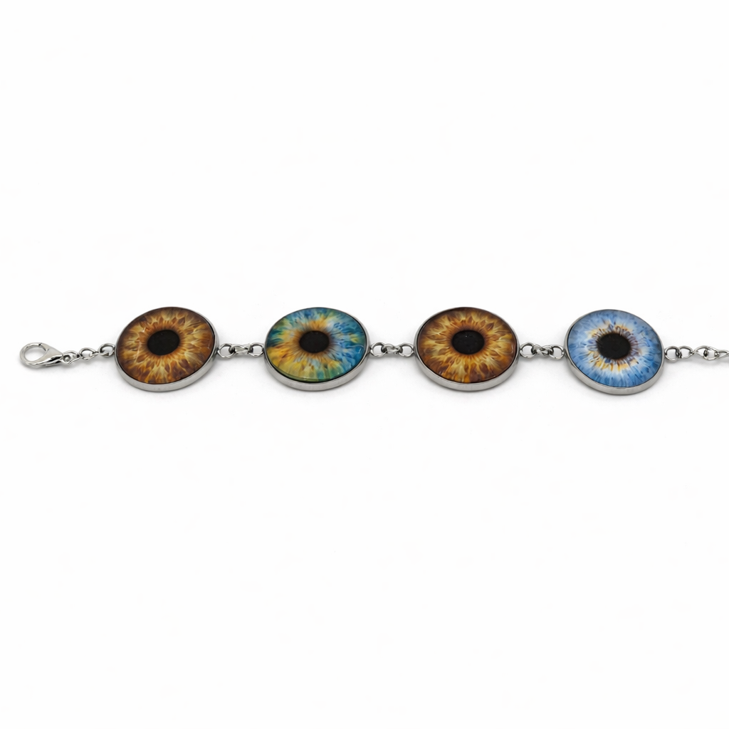Bracelet with four eye-shaped charms on a white background