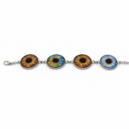 Bracelet with four eye-shaped charms on a white background