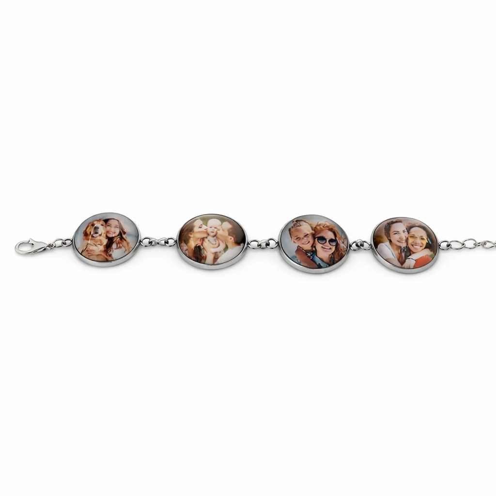 Bracelet with five circular charms featuring photos on a white background