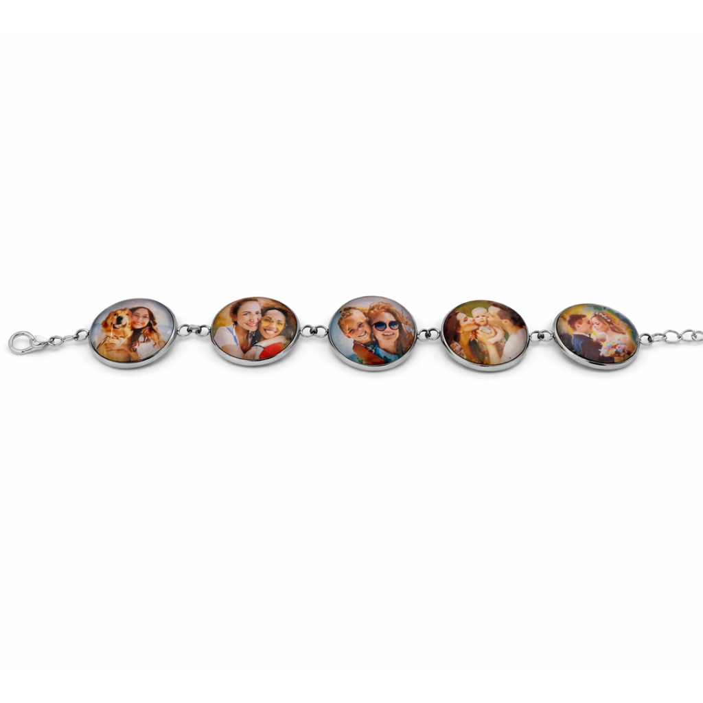 Bracelet with five round charms featuring photos on a white background