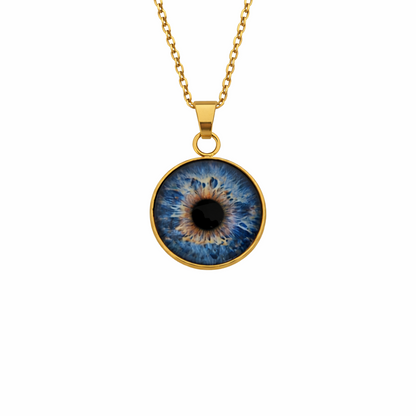 Necklace with a blue eye-shaped pendant on a white background