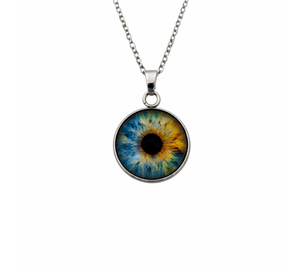Necklace with a round pendant featuring an eye design on a white background