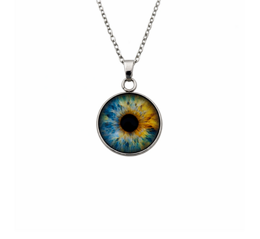 Necklace with a round pendant featuring an eye design on a white background