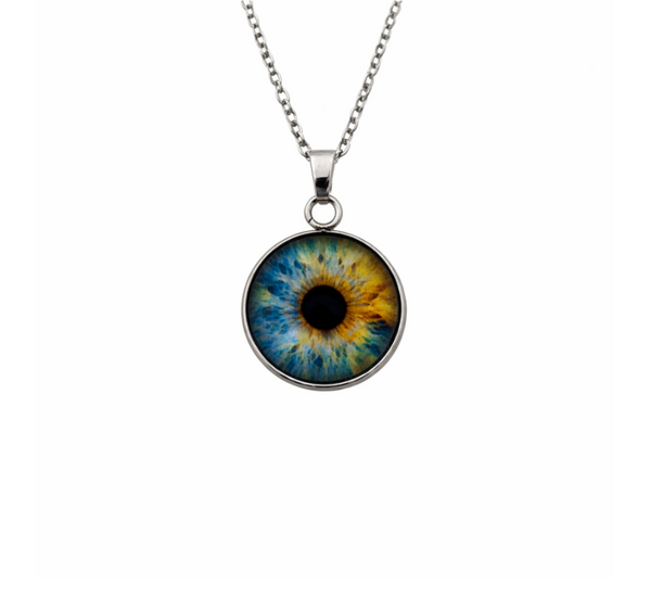 Necklace with a round pendant featuring an eye design on a white background