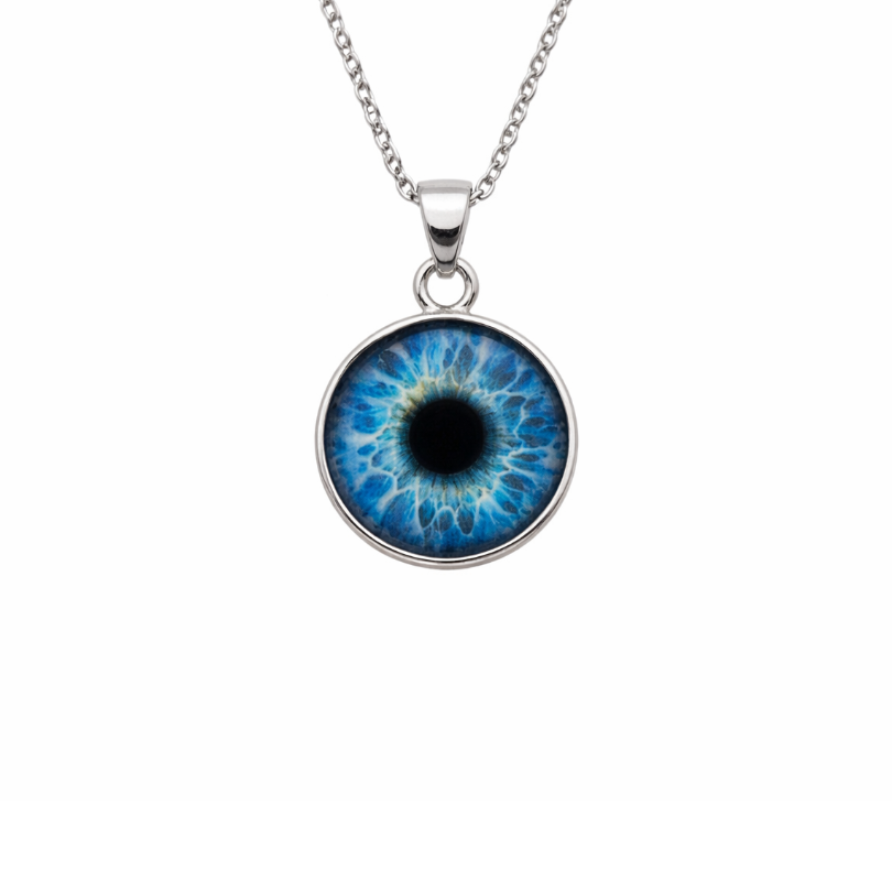 Necklace with a blue eye-shaped pendant on a white background