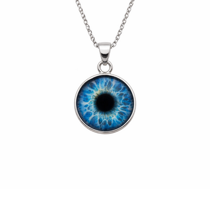 Necklace with a blue eye-shaped pendant on a white background