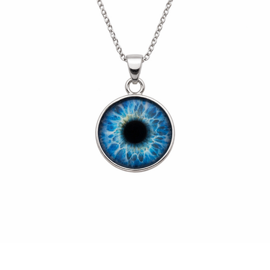 Necklace with a blue eye-shaped pendant on a white background