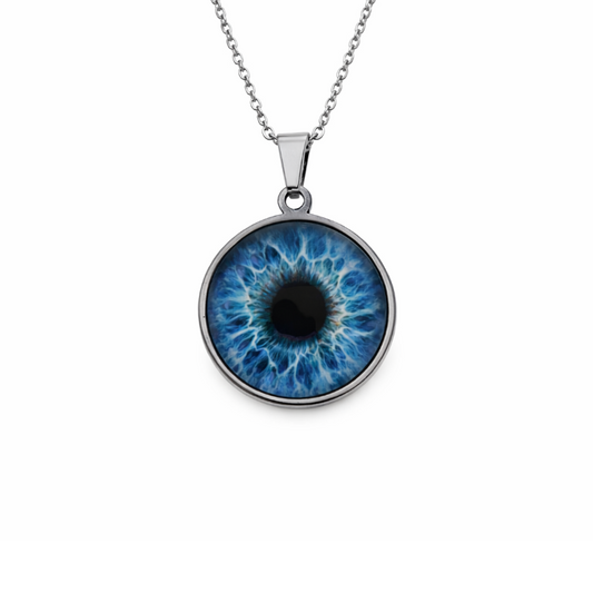 Necklace with a blue eye-shaped pendant on a white background