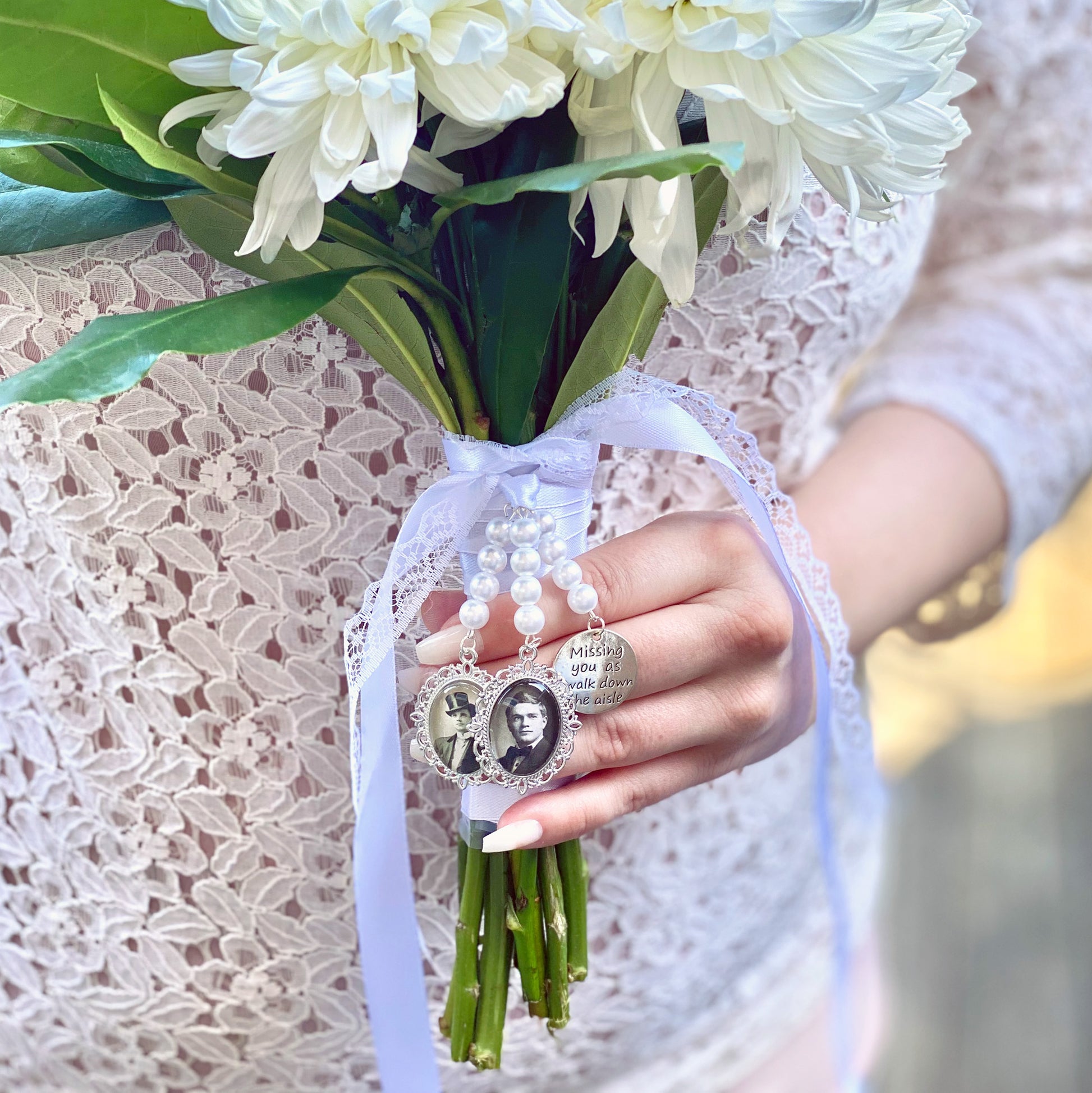 Wedding Bouquet Charms with Photos and White Pearls