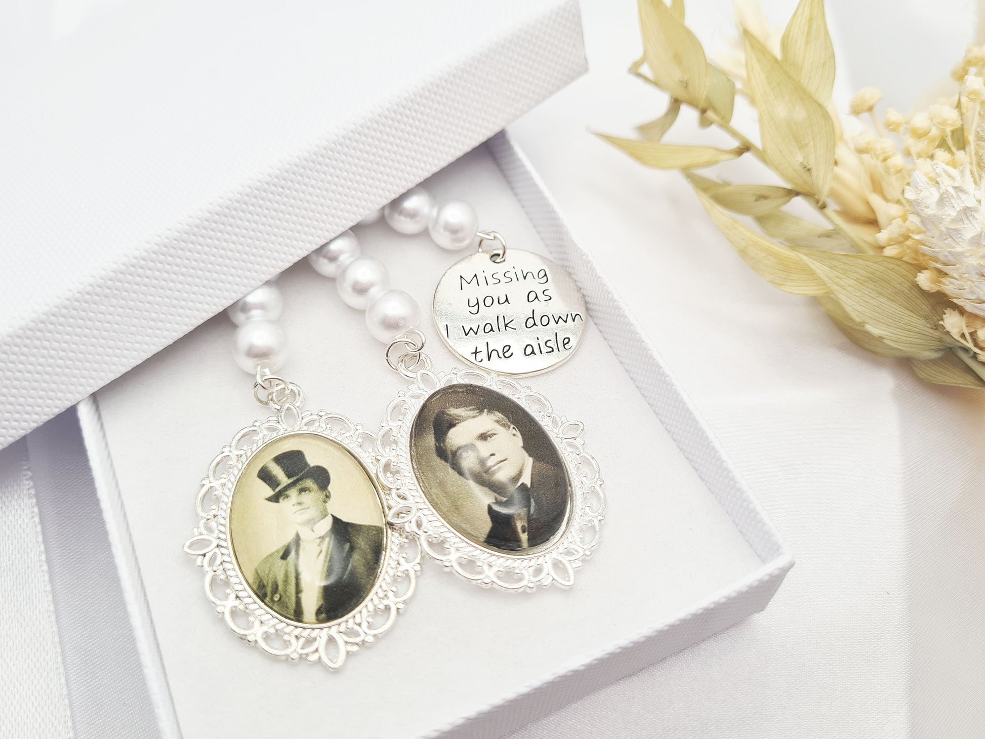Wedding Bouquet Charms with Photos and White Pearls